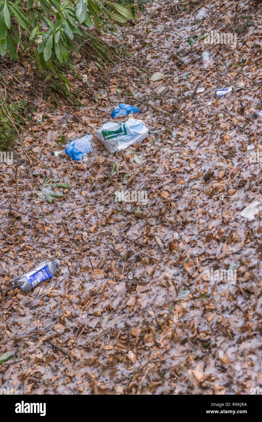 Plastic rubbish discarded in rural hedgerow ditch. Metaphor plastic pollution, environmental pollution, war on plastic waste, plastic rubbish. Stock Photo