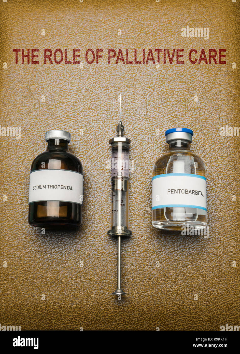 Book of The role of palliative care, vials of sodium thiopental anesthesia and pentobarbital, concept on euthanasia, composition digital imaginary Stock Photo
