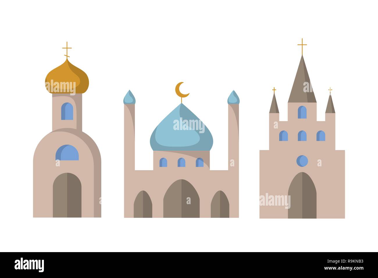 Set of icons on the theme of religion. Vector illustration. Catholic and Orthodox churches. Mosque. Stock Vector
