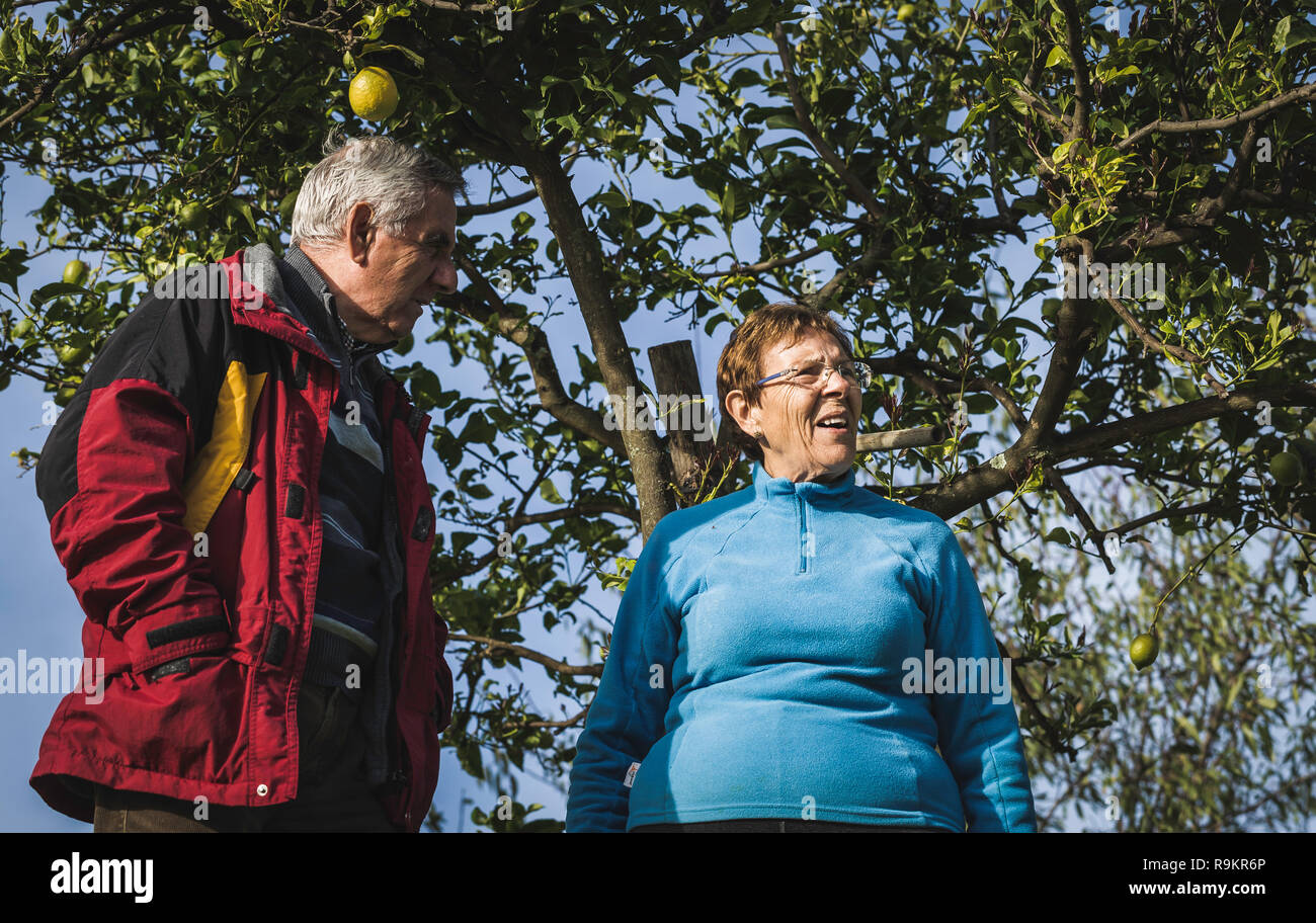 Attractive elderly couple standing under a tree looking with blue sky background Stock Photo