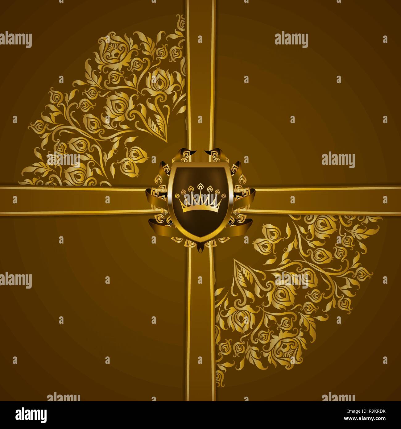Royal background with ornament, shield, gold crown, ribbon, blazon, place for text in vintage style. Stock Vector