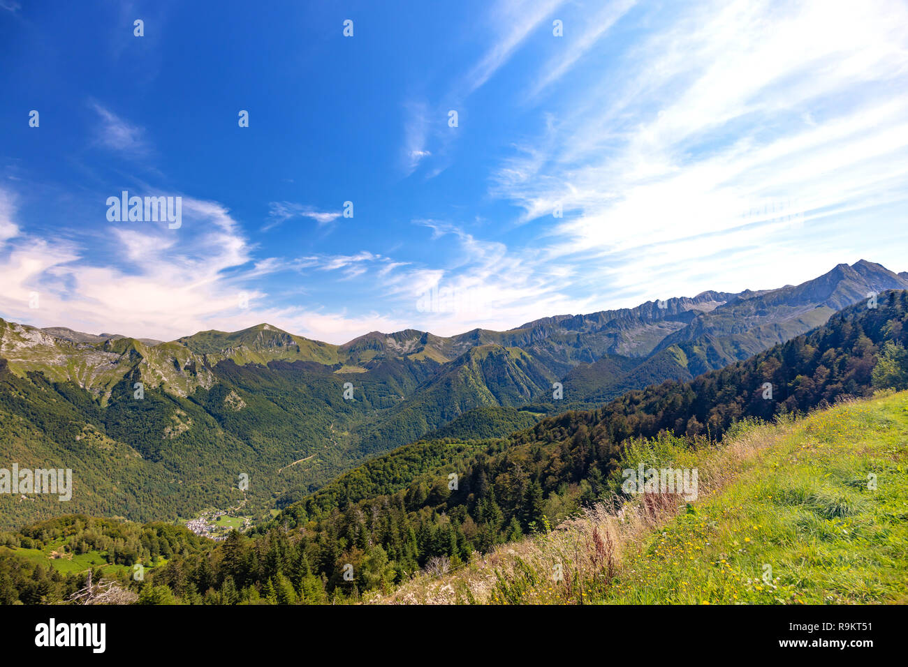 View of Aulus-les-Bains village from Guzet-neige ski resort in summer.  Couserans-Pyrenees, Ustou Valley, Ariège, Occitanie, France Stock Photo -  Alamy