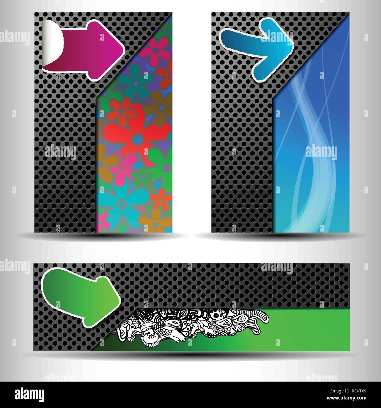 Set of Three Colorful Folder Shaped Banners with World Map, Abstract Background Design for Web - Template Illustration in Vector Format Stock Vector