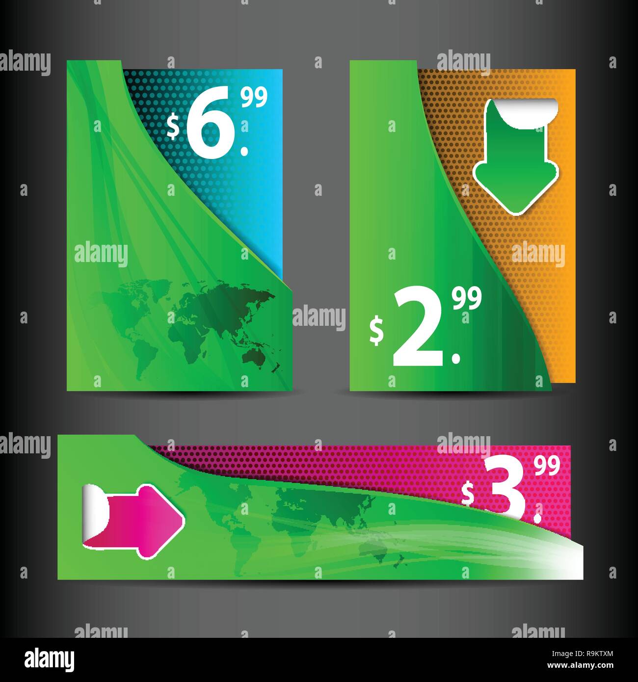 Set of Three Colorful Folder Shaped Banners with World Map, Abstract