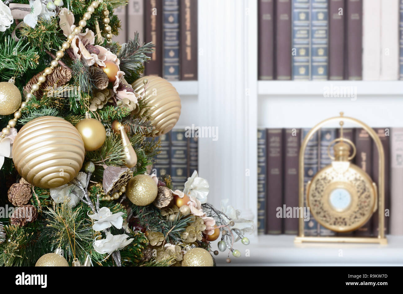 A Beautiful Decorated Christmas Tree On The Background Of A