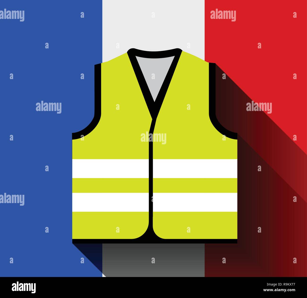 Yellow vests, as a symbol of protests in France against rising fuel prices. Yellow jacket revolution. Vector illustration against the flag of France with long shadow Stock Vector