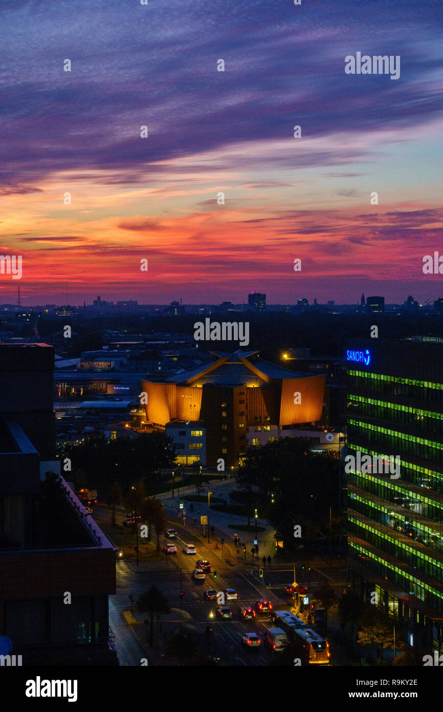 Spectacular sunset over the philharmonic orchestra hall in Berlin, Germany. Stock Photo