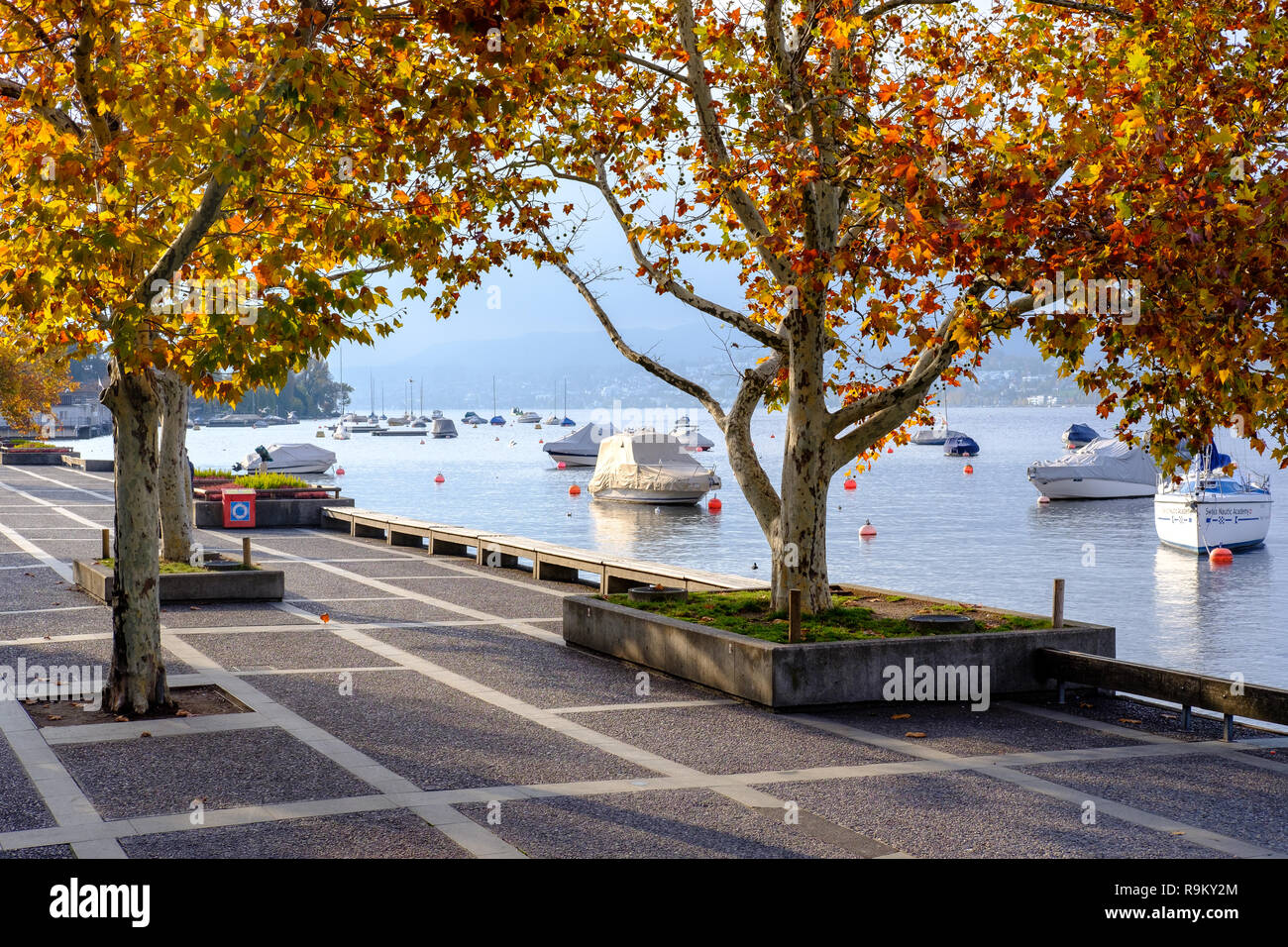 Boats near the shore of Lake Zurich, Zurich, Switzerland. in Fall 2018 Stock Photo