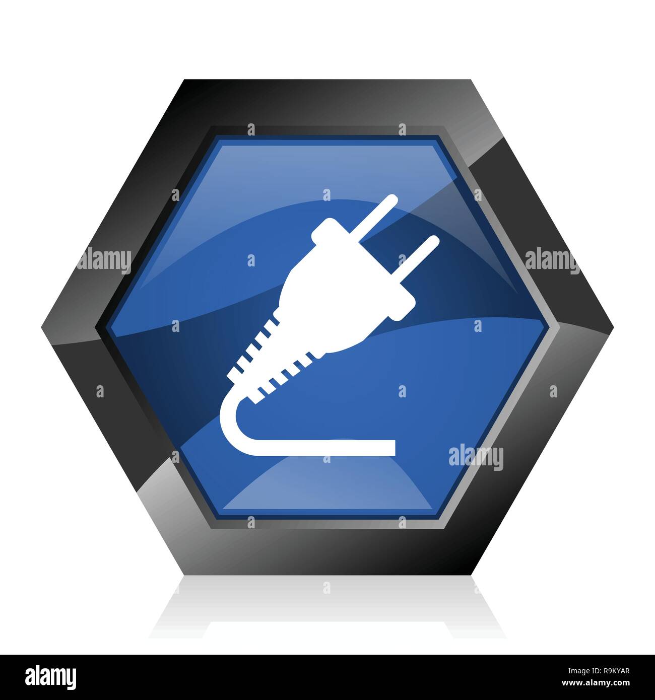 Plug dark blue glossy hexagon geometric diamond vector web icon with reflection on white background. Modern design hexagonal internet button. Stock Vector