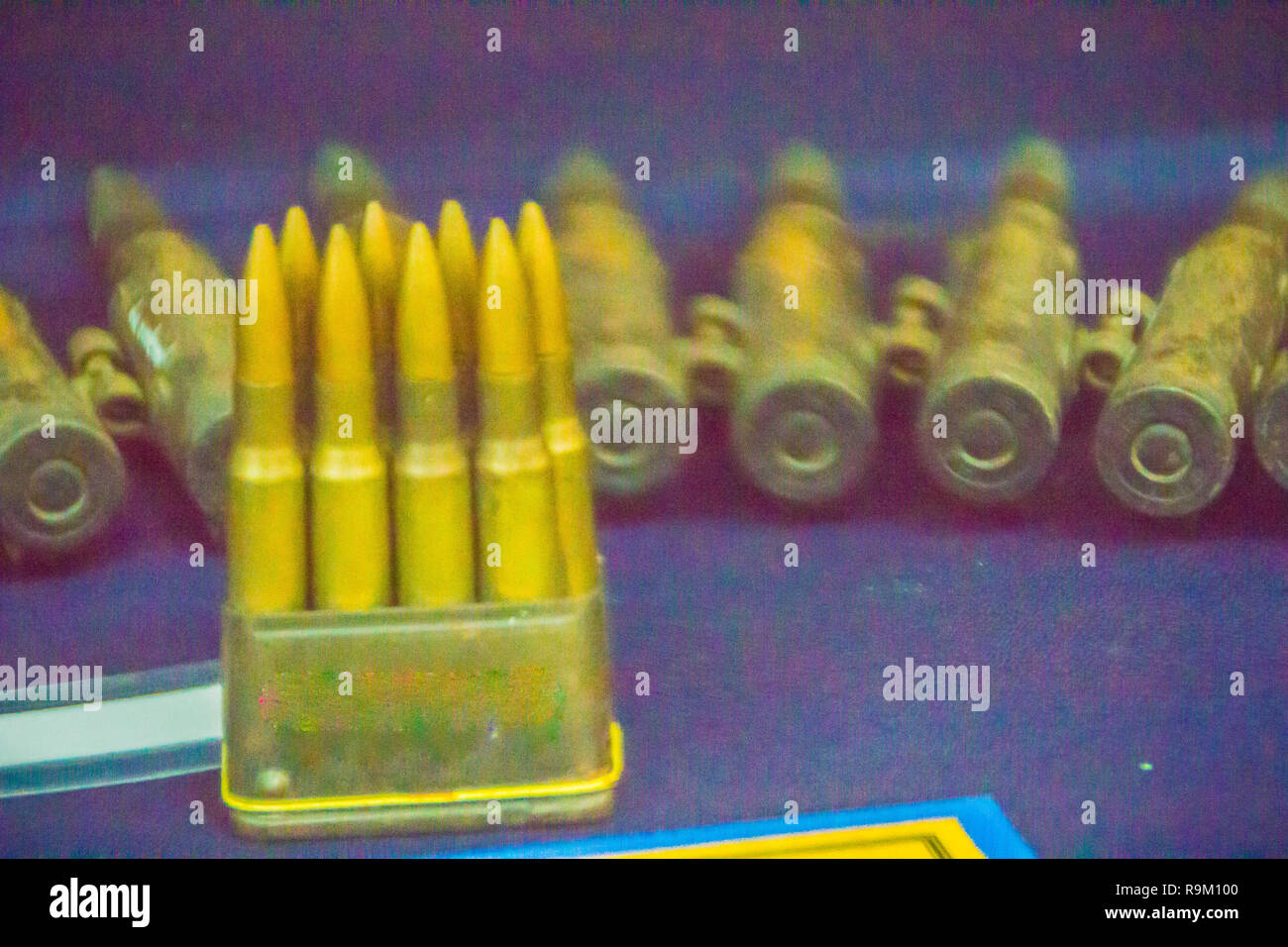 Old antiaircraft 12.7 mm. bullets for machine gun. Bullets in