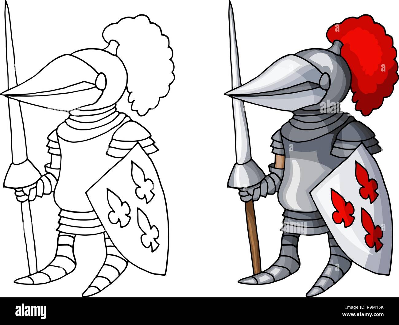 Cartoon medieval knight with shield and spear, isolated on white background Stock Vector