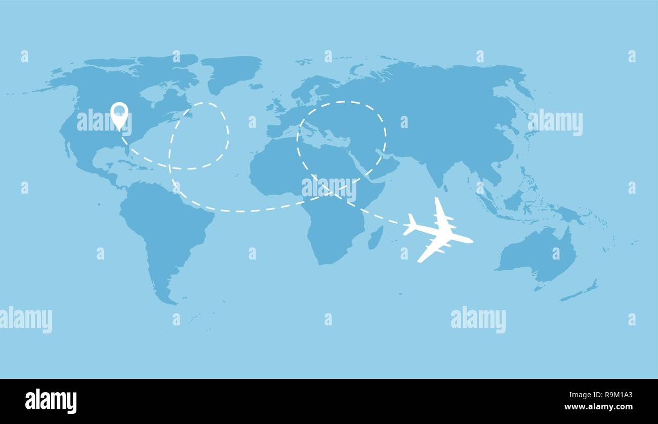 Airplane dotted flight background above world map. Vector Illustration EPS10 Stock Vector