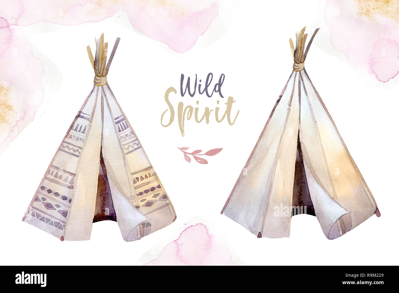 Watercolor colorful ethnic set of arrows, teepee and flowers in native American style.Tribal Navajo isolated illustration ornament on white background Stock Photo