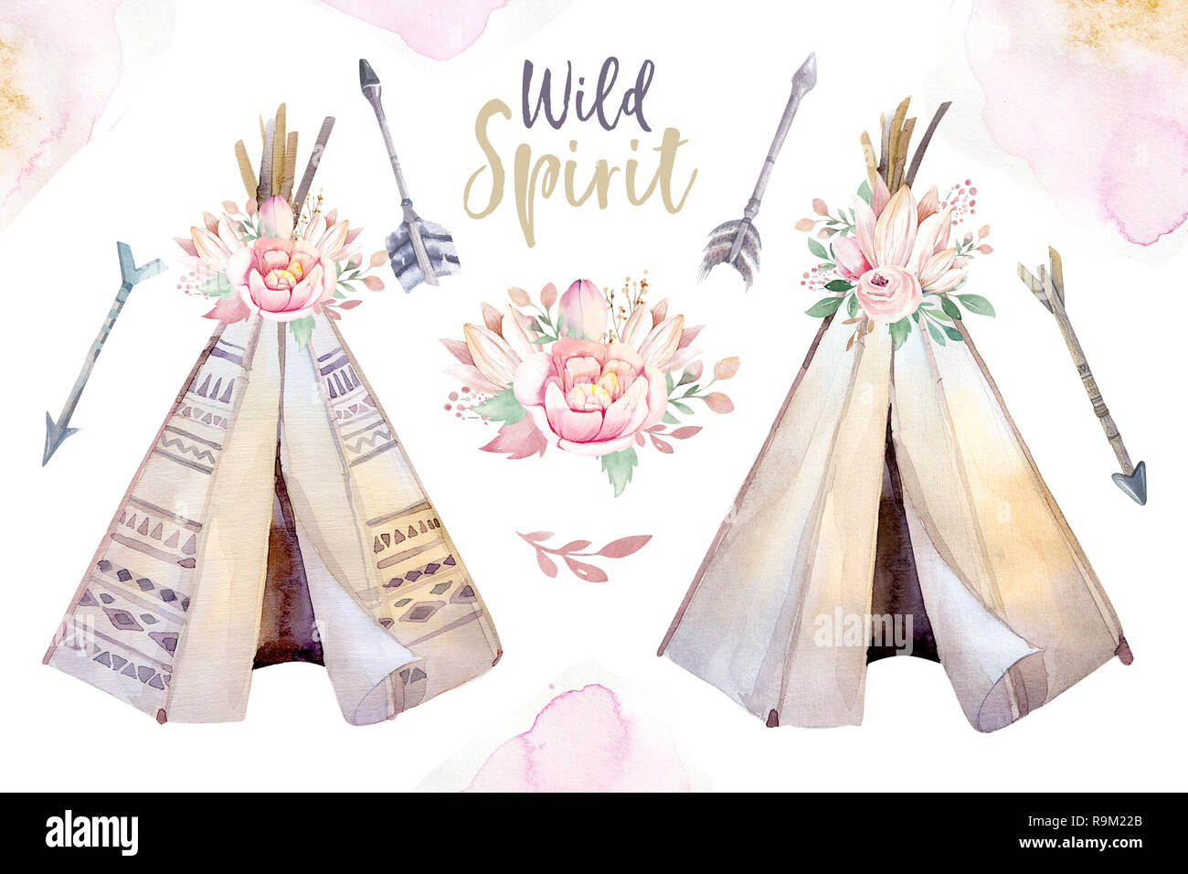 Watercolor colorful ethnic set of arrows, teepee and flowers in native American style.Tribal Navajo isolated illustration ornament on white background Stock Photo