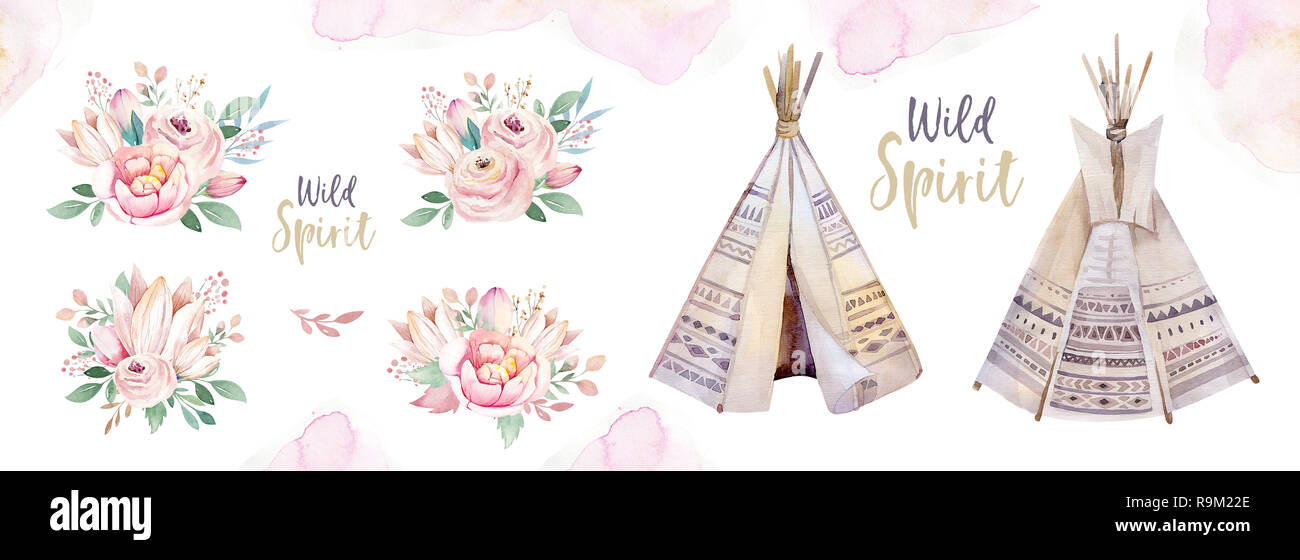 Watercolor colorful ethnic set of arrows, teepee and flowers in native American style.Tribal Navajo isolated illustration ornament on white background Stock Photo