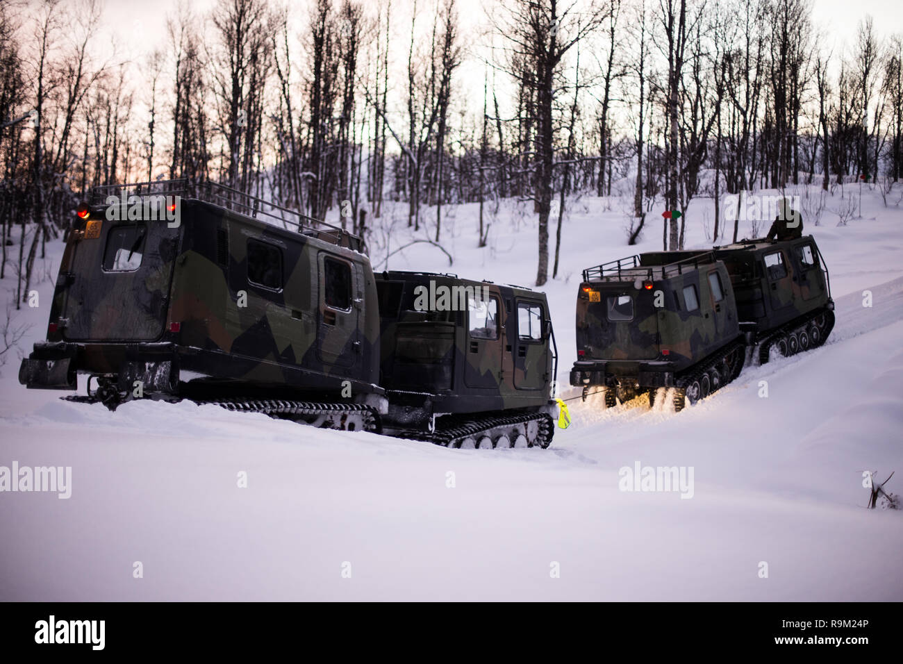 U.S. Marines with Marine Rotational Force-Europe (MRF-E) 19.1 conduct simulated towing during a Bandvagn 206 (BV206) driver’s course in Setermoen, Norway, Dec. 12, 2018. The course consisted of Marines learning the safety and maintenance of the BV206 as well as on and off-road, low-friction, and unknown-terrain driving. (U.S. Marine Corps photo by Cpl. Nghia Tran) Stock Photo