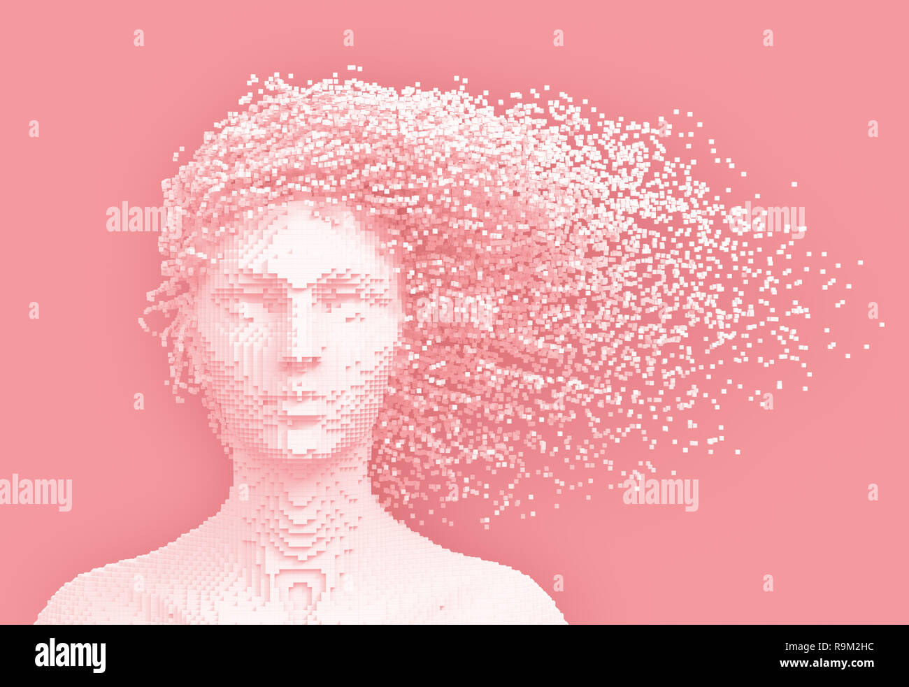 Pink Pixelated Head Of Woman And 3D Pixels As Hair. 3D Illustration. Stock Photo