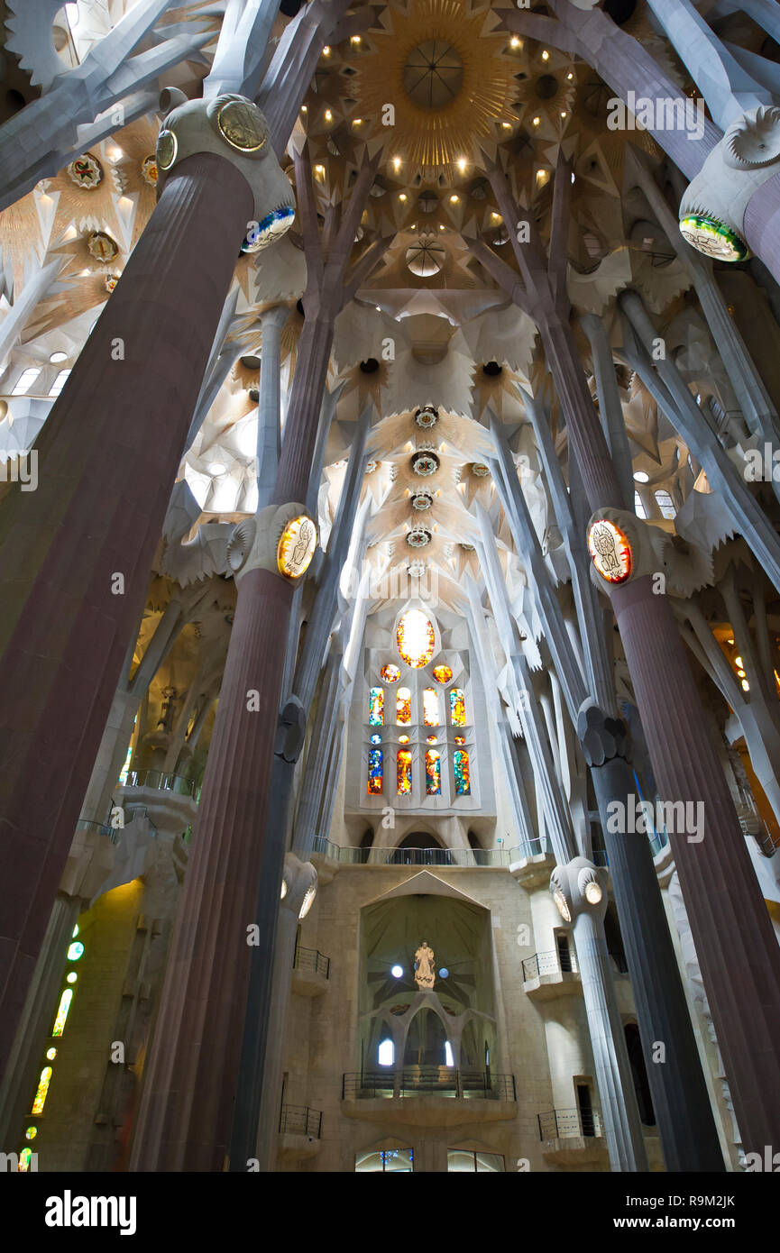 The interior of the Sagrada Familia designed by Antoni Gaudi, Barcelona ...