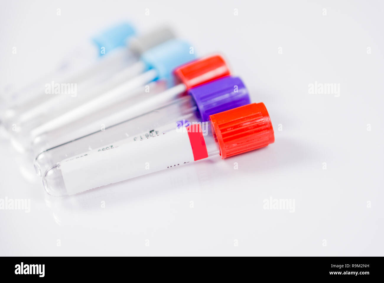 Six bottles for samples used in hospitals or medicine for blood samples