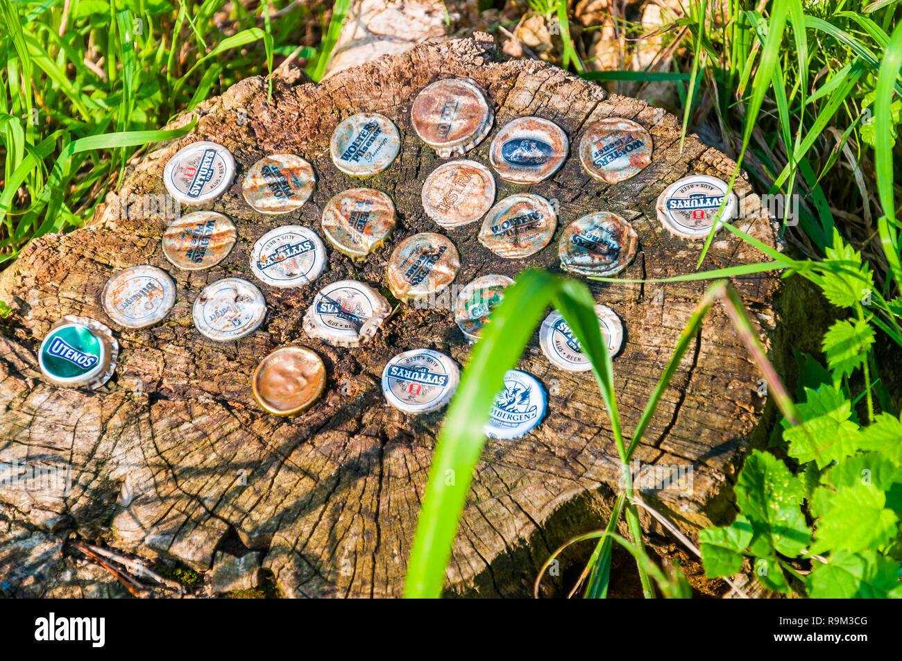 Vilnius, Lithuania July 07, 2012 Various beer companies bottle caps