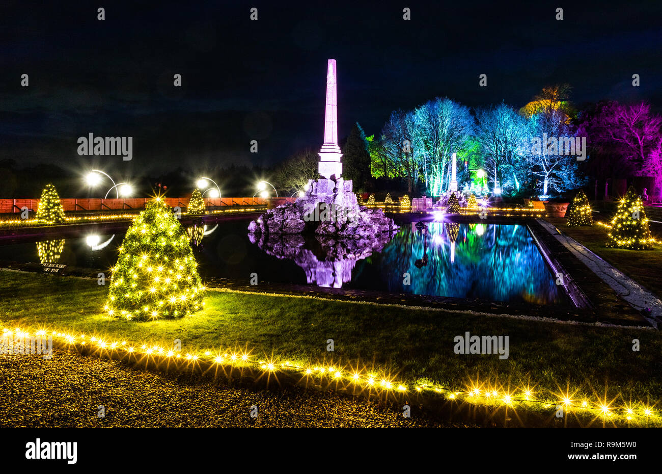 Lasers and Christmas lights over the water terrace at Blenheim Palace. Stock Photo