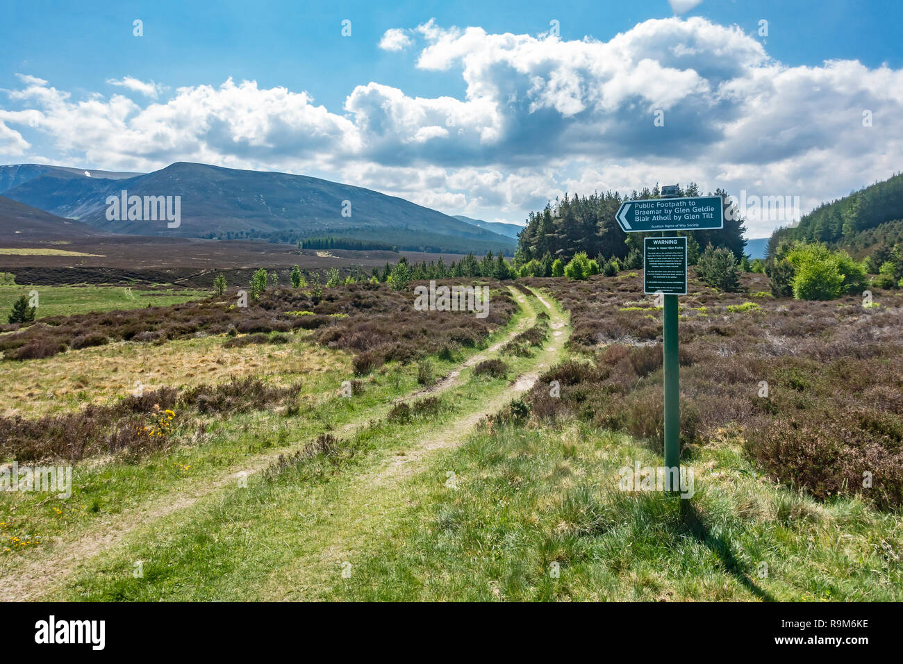 Scottish Rights of Way Society sign in Glen Feshie near Feshiebridge Highland Scotland indicating public footpaths to Braemar & Blair Atholl Stock Photo