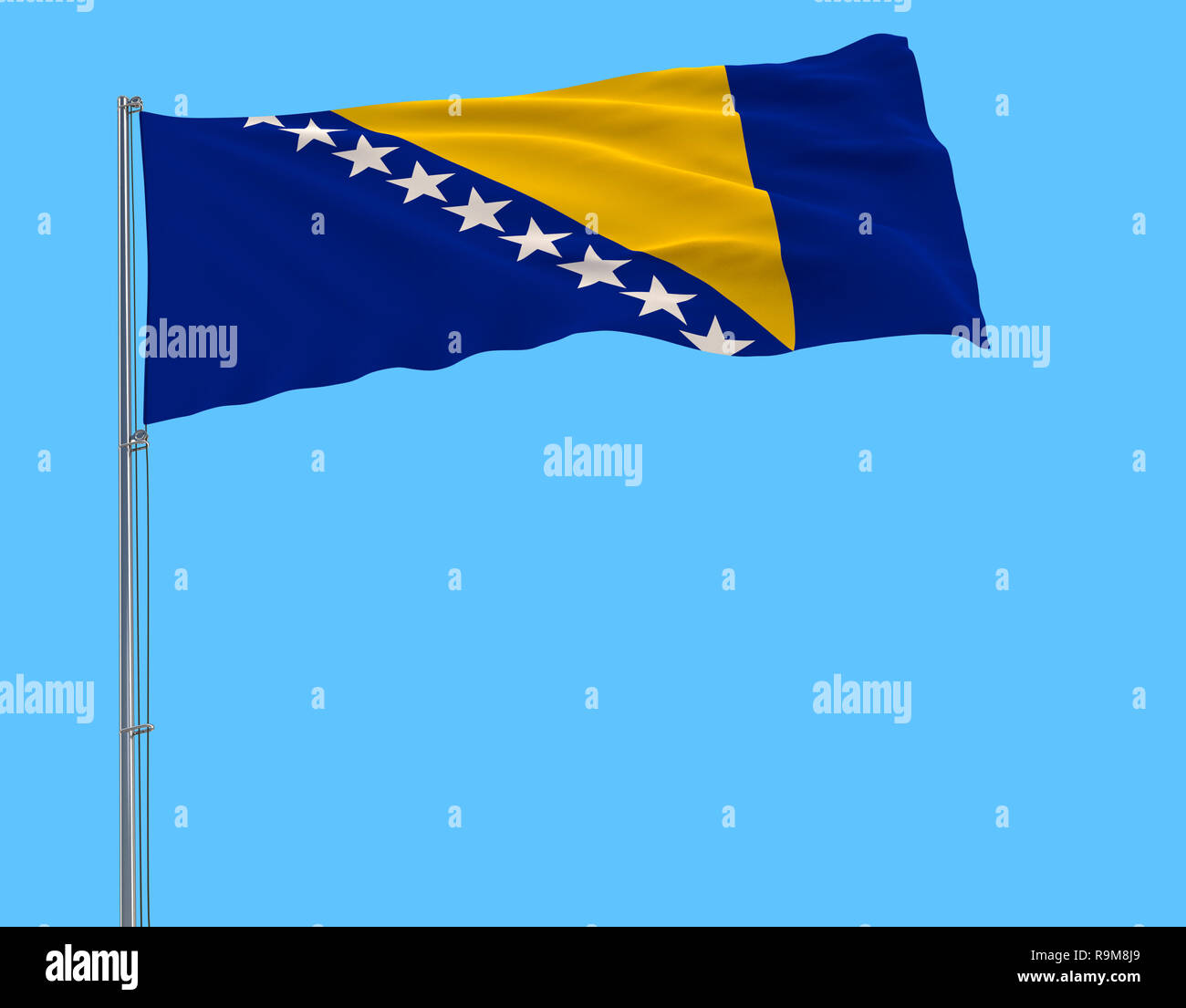 Isolate flag of Bosnia and Herzegovina on a flagpole fluttering in the ...