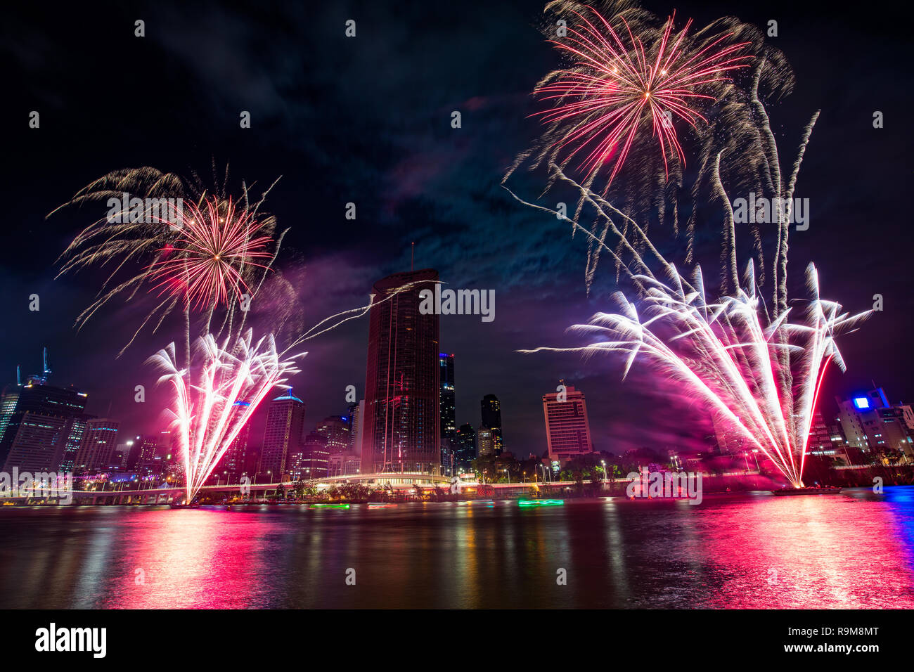 Christmas fireworks in Brisbane, Australia seen from South Bank