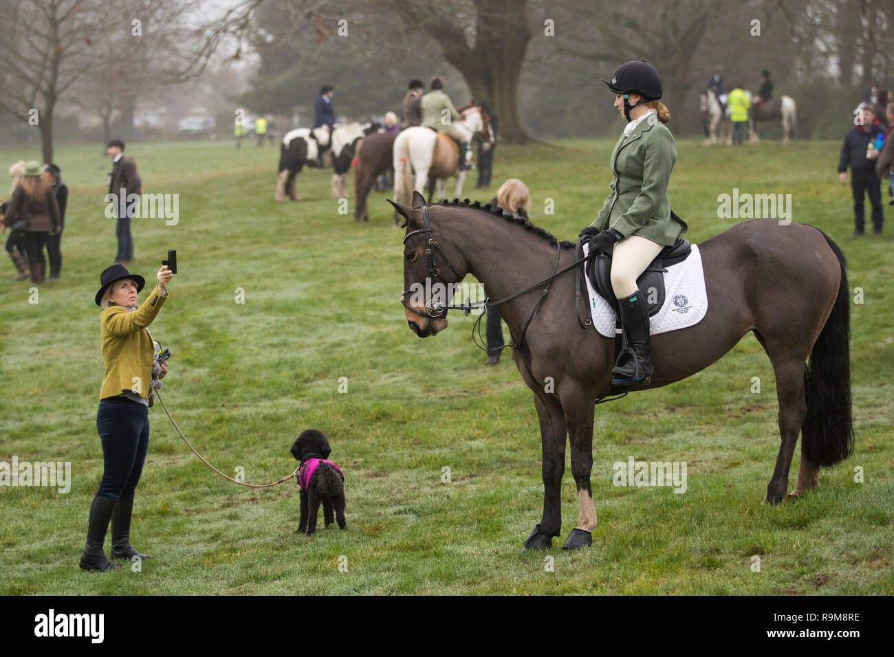 Members of the Albrighton & Woodland Hunt gather at Hagley Hall near Stourbidge in the West Midlands for the boxing Day hunt. Stock Photo