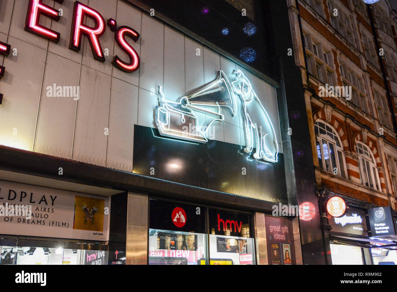An illuminated 'Nipper' outside the now closed His Masters Voice on