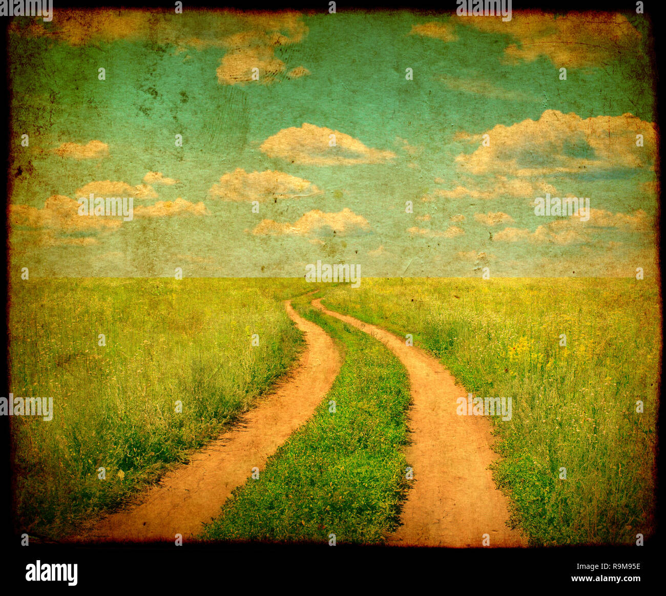 Grunge background with texture of old soiled paper and rural summer ...