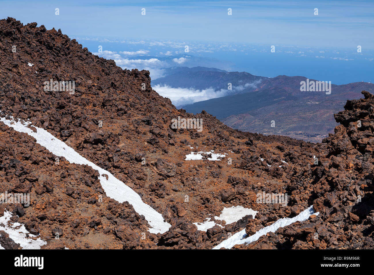 Snow in top of Teide volcano, Tenerife, Canary Islands, Spain Stock Photo