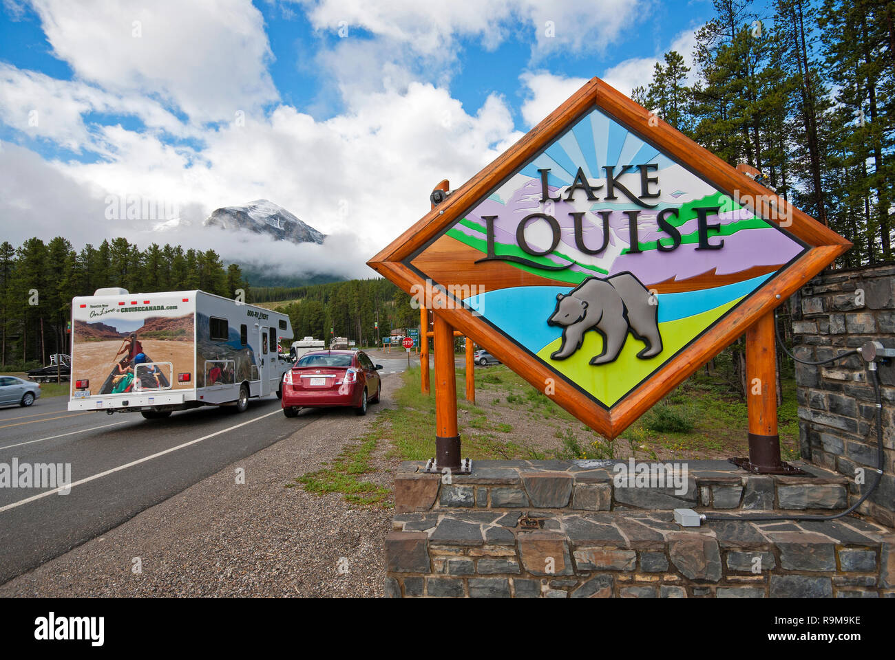 Welcome sign at Lake Louise, Banff National Park, Rocky Mountains, Alberta, Canada Stock Photo