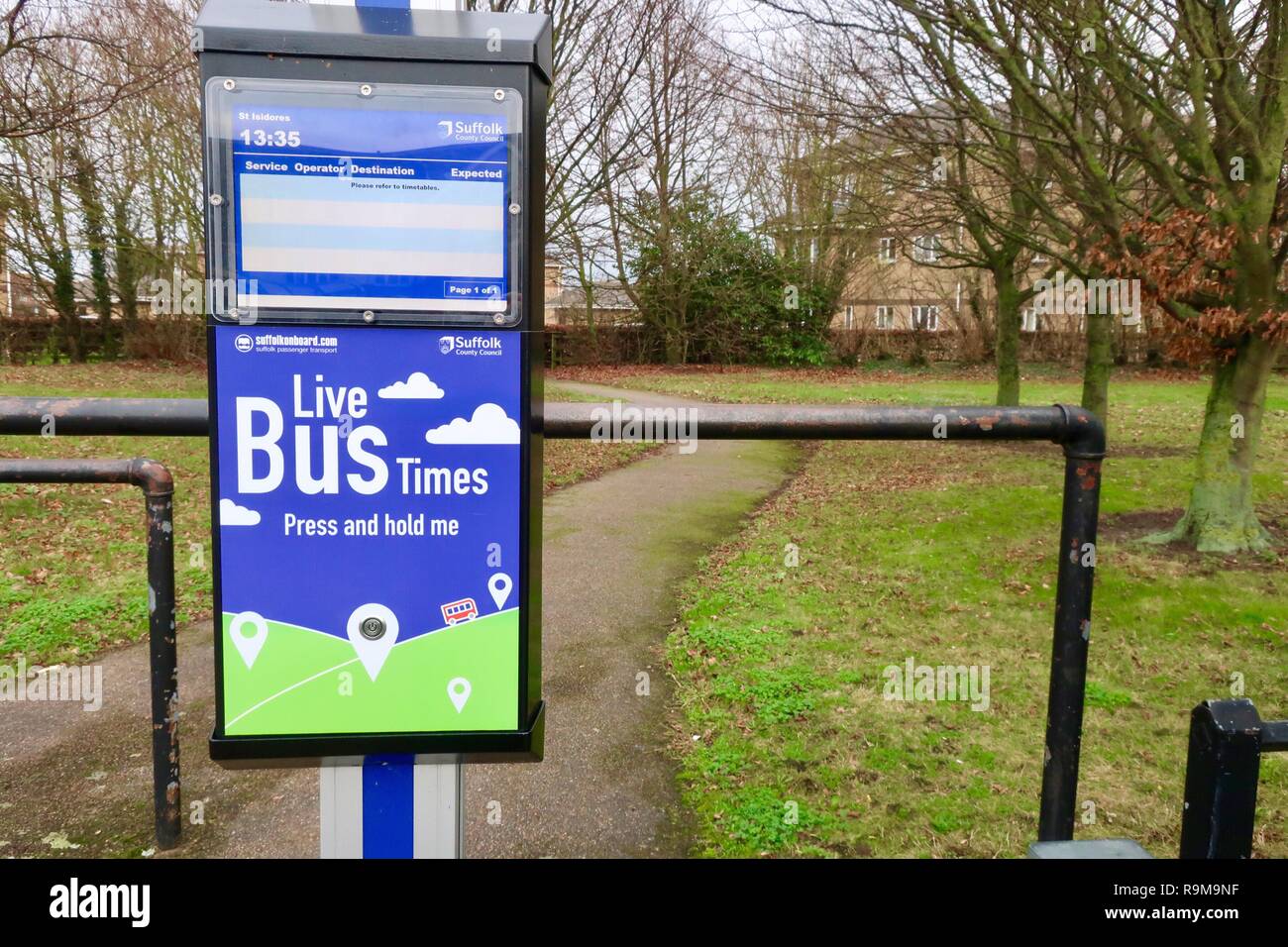 Live bus times - hi tech public transport in Suffolk, UK. December 2018. Stock Photo