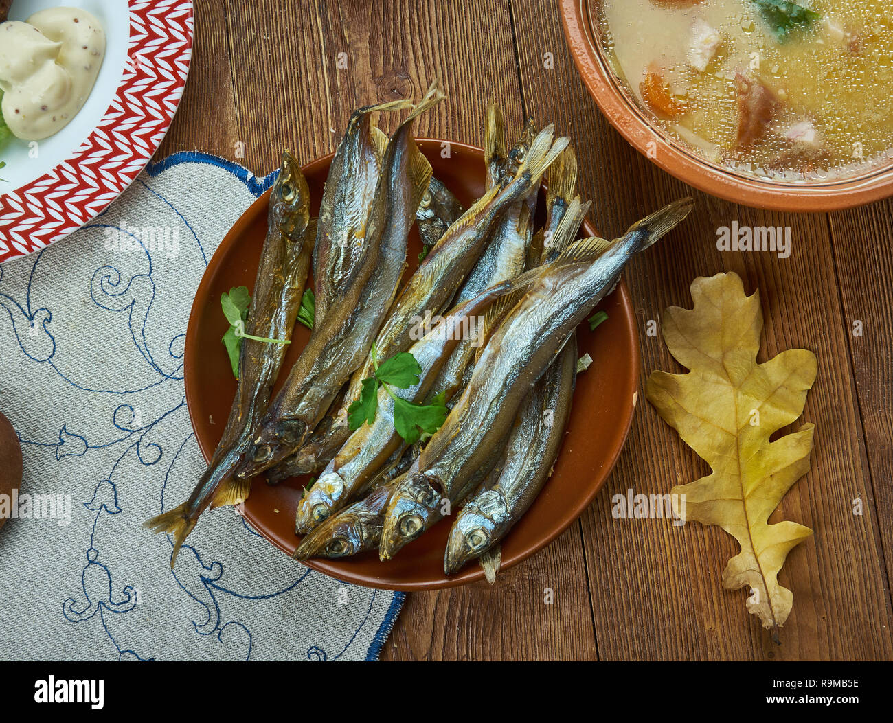 Soused herring, Dutch cuisine, Traditional assorted dishes, Top view