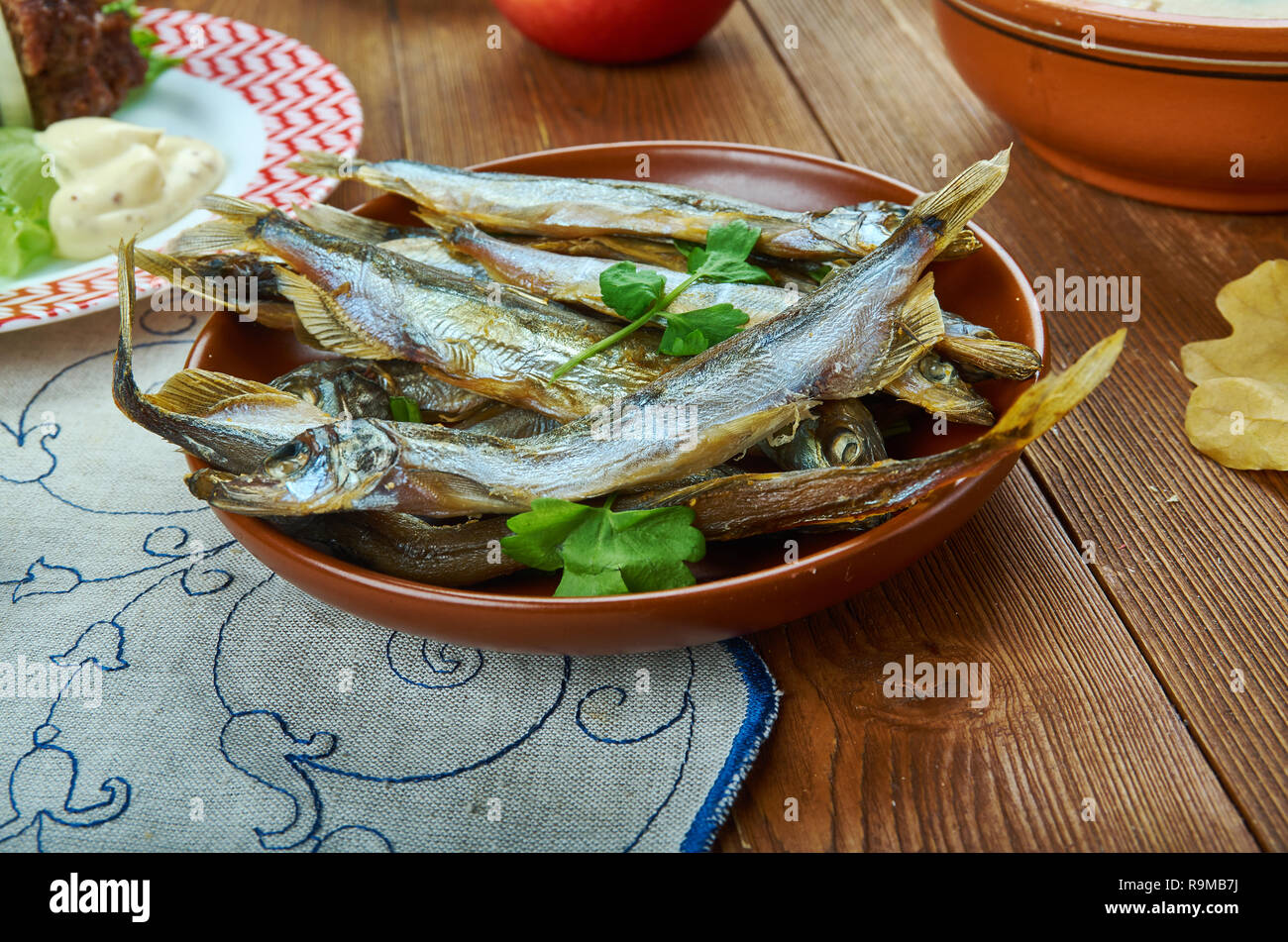 Soused herring, Dutch cuisine, Traditional assorted dishes, Top view
