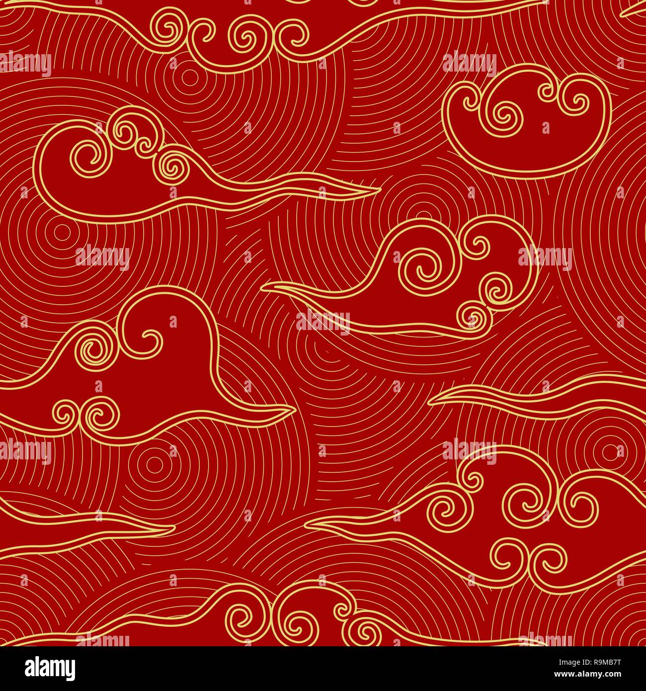 Chinese style clouds red and gold seamless pattern Stock Vector