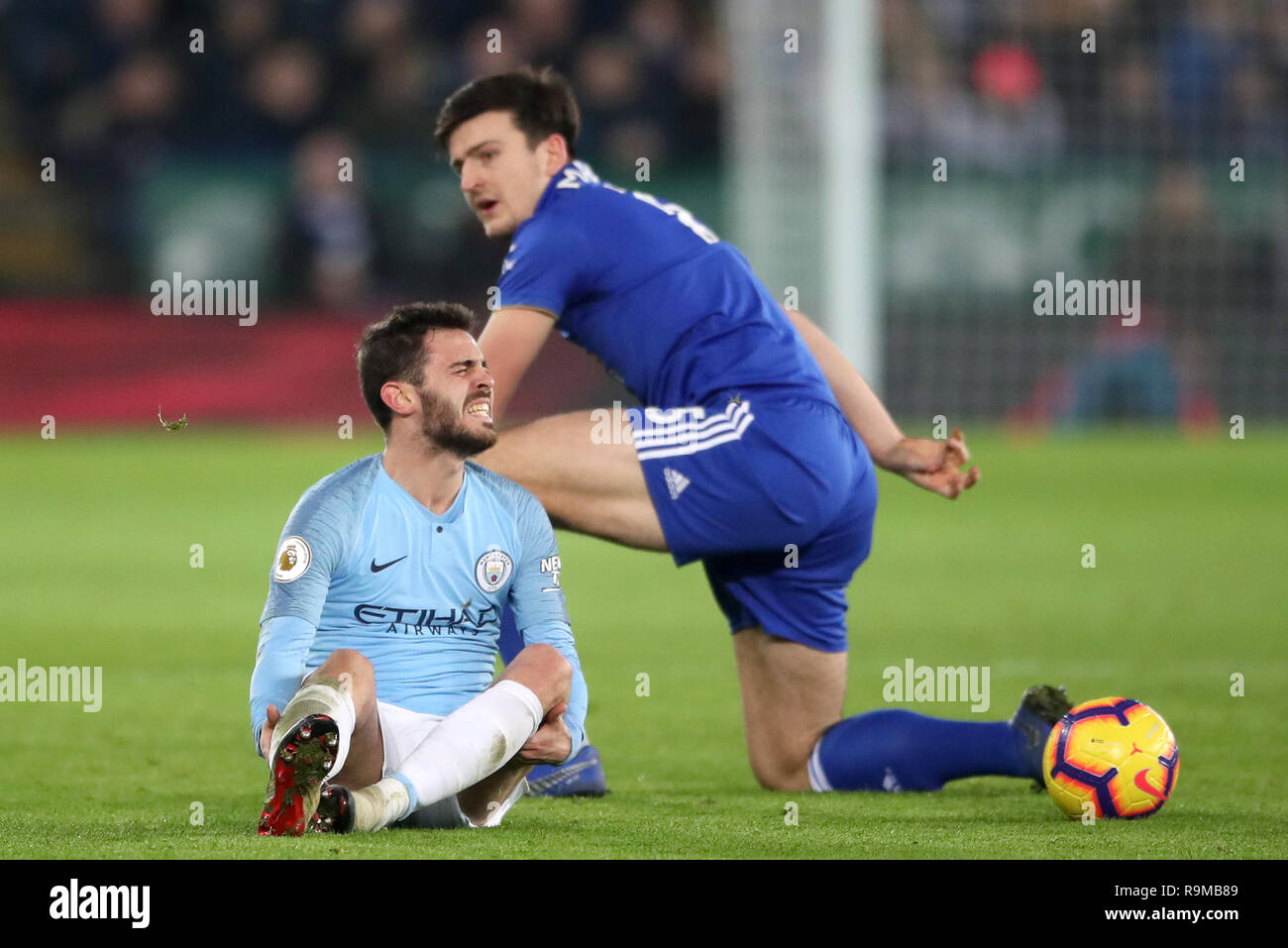 Manchester City's Bernardo Silva reacts after being fouled by Leicester