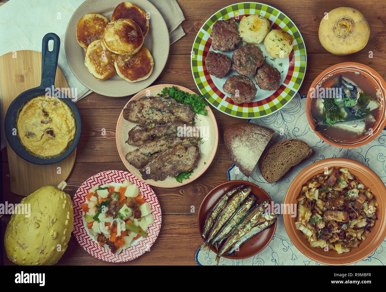 Swedish homemade cuisine, Traditional assorted dishes, Top view. Stock Photo