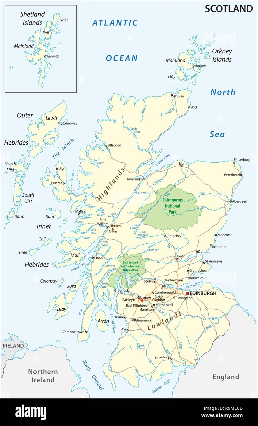 High detailed Scotland road and nationalpark map with labeling Stock Vector