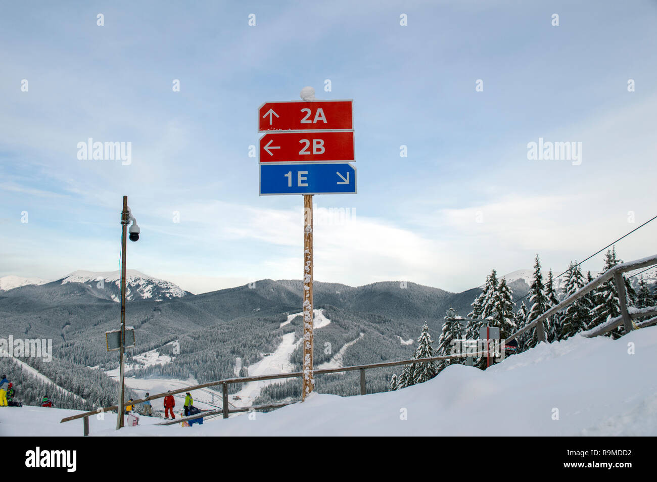 a pointer ski track in a ski resort, the theme of mountain sports, skiing, Bukovel, Carpathians, Ukraine Stock Photo