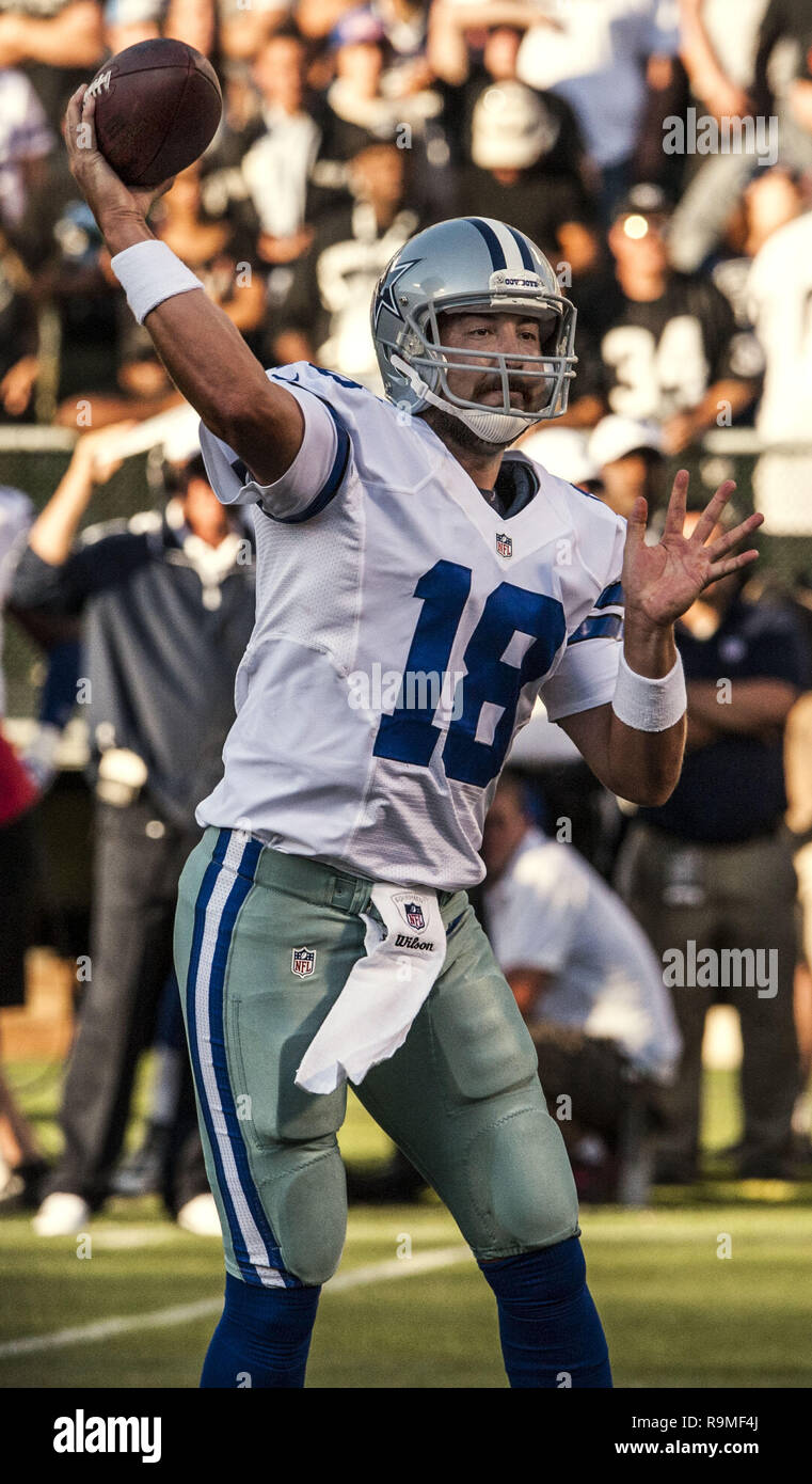 Oakland, California, USA. 13th Aug, 2012. Dallas Cowboys quarterback Kyle  Orton (18) passes ball on Monday, August 13, 2012, in Oakland California.  Cowboys defeated the Raiders 3-0 in a preseason game. Credit: