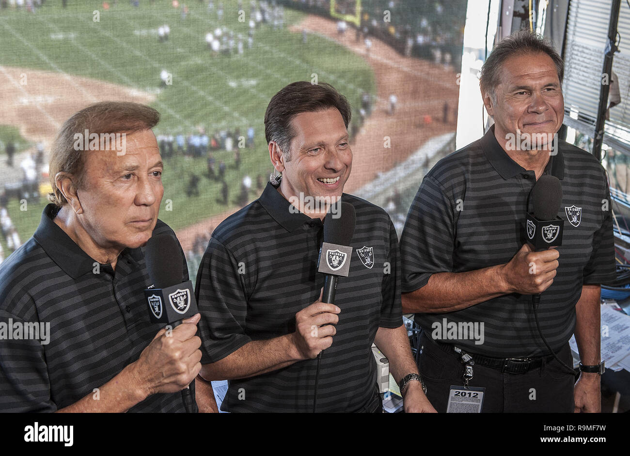 Oakland, California, USA. 25th Aug, 2012. Tom Flores, Greg Papa, Jim  Plunkett doing television spot before game on Saturday, August 25, 2012, in  Oakland California. Raiders defeated the Lions 31-20 in a