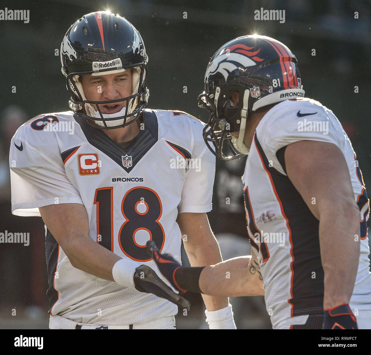 Nov 6, 2011; Oakland, CA, USA; Denver Broncos fullback Spencer Larsen (46)  before a play against the Oakland Raiders during the first quarter at O.co  Coliseum. Denver defeated Oakland 38-24 Stock Photo - Alamy