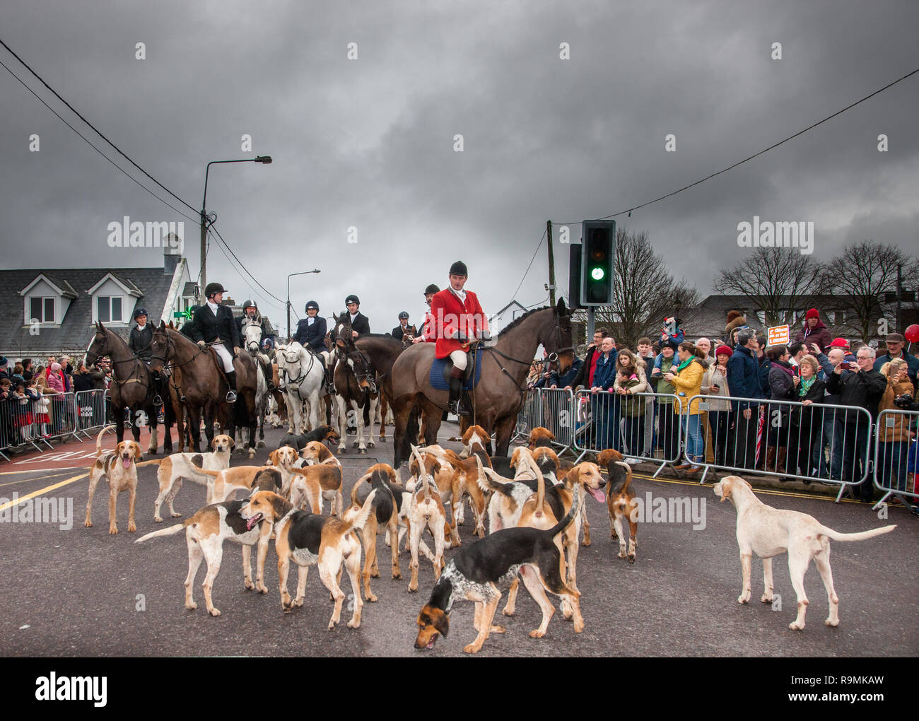 Carrigaline, Cork, Ireland. 26th December, 2018. Members of the South Union Hunt gather  with their hounds for the traditional St Stephen's Day Hunt on Main Street Carrigaline, Co. Cork, Ireland. Credit: David Creedon/Alamy Live News Stock Photo