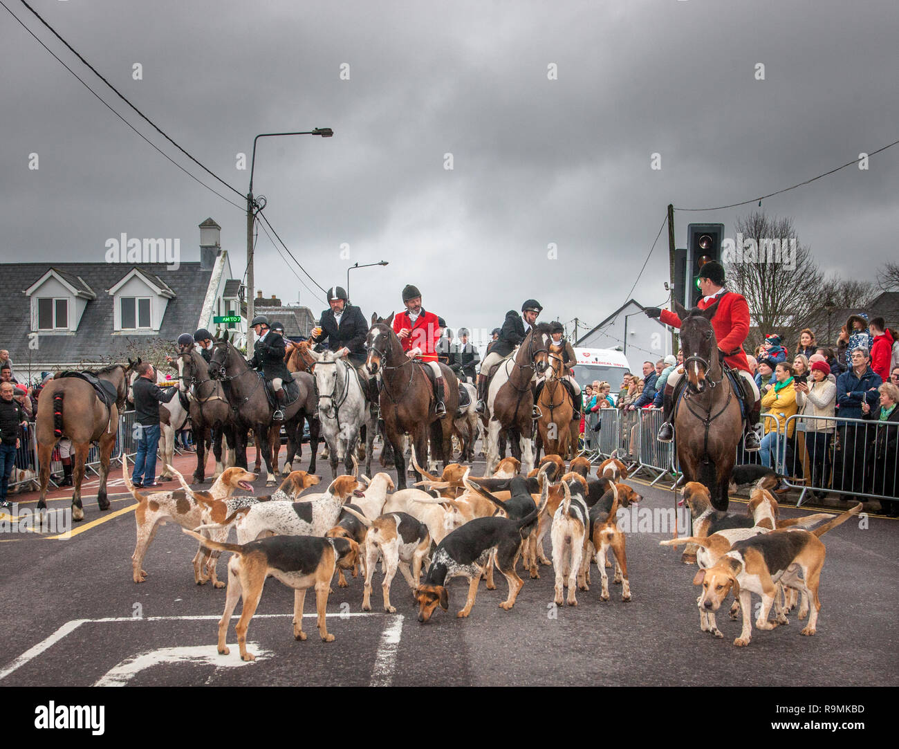 Carrigaline, Cork, Ireland. 26th December, 2018. Members of the South Union Hunt gather  with their hounds for the traditional St Stephen's Day Hunt on Main Street Carrigaline, Co. Cork, Ireland. Credit: David Creedon/Alamy Live News Stock Photo