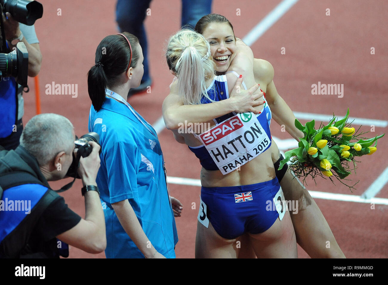 Lucy Hatton celebrates winning her heat in the Women's 100m hurdle