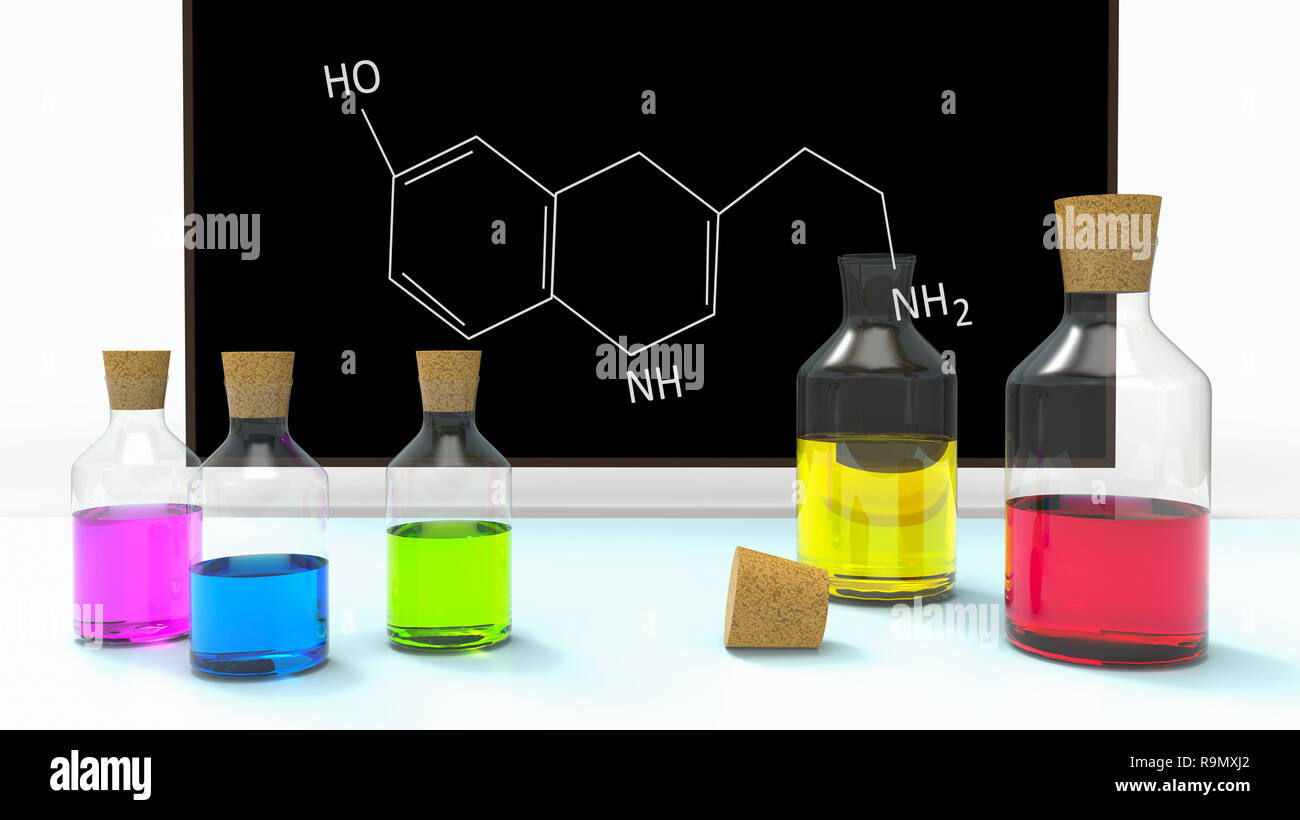 Bottles With Liquid In Chemistry Classroom On Desk And Blackboard