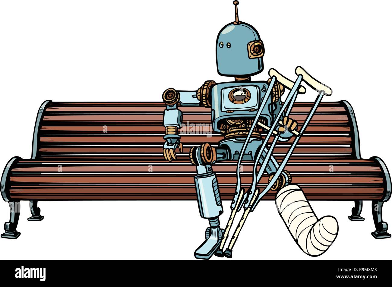 Robot with broken leg in plaster, rest in the Park. Pop art retro vector illustration kitsch vintage Stock Vector