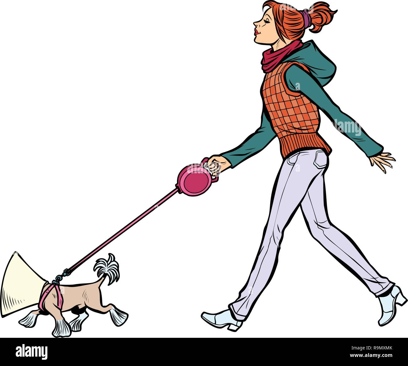 woman with a dog, a dog in a protective collar. Pop art retro vector illustration kitsch vintage Stock Vector